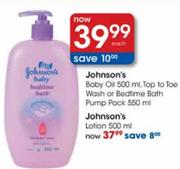 Johnson's Baby Oil 500ml,Tap To Toe Wash or Bedtime Bath Pump Pack-550ml Each
