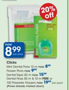Clicks Dental Floss 50m & 10m Free or 100 Polyester Flossers-Per Pack