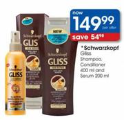 Schwarzkopf Gliss Shampoo, Conditioner-400ml & Serum-200ml
