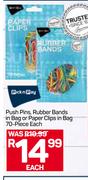 PnP Push Pins Rubber Bands In Bag Or Paper Clips In Bag 70 Piece-Each