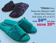 Clicks Terry Peep-Toe Slippers With Velvet Bow, Navy Or Teal(Size 4/5 Or 6/7)-Per Pair