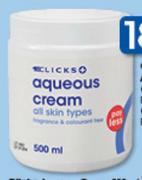 Clicks Aqueous Cream Fragrance & Colourant Free 500ml Each