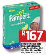 Pampers Active Baby Disposable Nappies Jumbo Pack Mini 94's/Midi 82's/Maxi 68's Per Pack