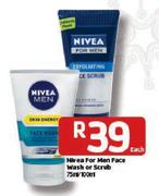  Nivea For Men Face Wash Or Scrub-75ml/100ml Each