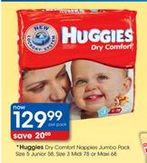 Huggies Dry Comfort Nappies Jumbo Pack Size 5 Junior-58's/Size 3 Midi-78's Or Midi-68's Per Pack