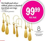 9ct Gold And Silver Ribbed,Plain Or Faceted Teardrop Earrings