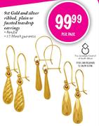 9ct Gold & Silber Ribbed, Plain Or faceted Teardrop Earings-Per Pair
