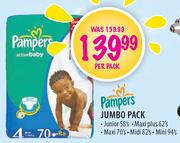 Pampers Jumbo Pack Junior-58's/Maxi Plus-62's/Maxi-70's/Midi-82's Or mini-94's pack