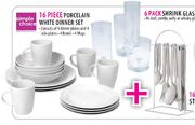 Simple Choice 16 Pc Porcelain White Dinner Set+6 Pack Shrink Glasses+16 Pc Stainless Steel Cutlery