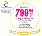 9ct Gold Figaro Chain-50cm & Matching Bracelet Set-19cm Per Set