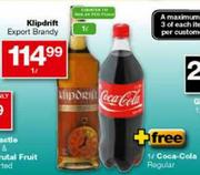 Klipdrift Export Brandy-1 Ltr + Free Coca-Cola Regular-1 Ltr 