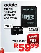 Adata 2GB Micro SD Card With SD Adaptor