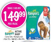 Pampers Active Baby-Junior-58's/Maxi Plus-62's/Maxi-70's/Midi-82's/Mini-94's Per Pack