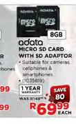 Adata Micro SD Card With SD Adaptor-8GB Each