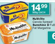 Nuvolite Canola Spread/Sunshine D Full fat Margarine-500g Each
