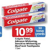 Colgate Total, Advance Whitening, Sensitive Whitening Or Max Fresh Toothpaste-75ml Each