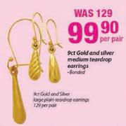 9ct Gold And Silver Medium Teardrop Earrings Banded-Per Pair