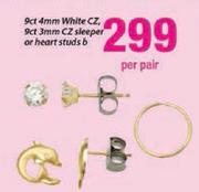 9ct 4mm White CZ,9ct 3mm CZ Sleeper Or Heart Studs B-Per Pair