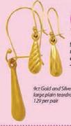 9ct Gold And Silver Large Plain Teardrop Earrings-Per Pair