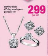 Sterling Silver CZ Ring,Earring And Pendant Set-Per Set