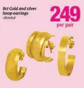 9ct Gold And Silver Hoop Earrings Banded-Per Pair