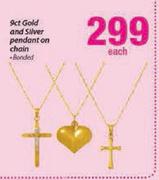 9ct Gold And Silver Pendant On Chain Banded Each