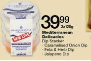 Mediterranean Delicacies Dip Stacker Caramelised Onion Dip, Feta & Herb Dip & Jalapeno Dip-3x120g