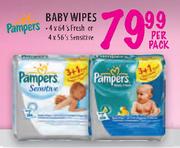 Pampers Baby Wipes - 4 x 64's Fresh