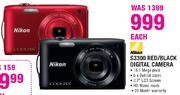 Nikon S3300 Red/Black Digital Camera-Each