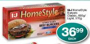 I&J Home Style Burgers Classic-600g/Light-570g Each