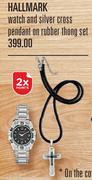 Hallmark Watch And Silver Cross Pendant On Rubber Thong Set