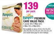 Pampers Premium Care Value Pack Junior-44's/Maxi-52's/Mini-72's/Midi-60's Per Pack
