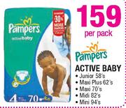 Pampers Active Baby Junior-58's/Maxi Plus-62's/Maxi-70's/Midi-82's/Mini-94's Per Pack