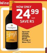 Simonsvlie Lifestyle Cabernet Sauvignon, Merlot, Pinotage or Shiraz-750ml Each
