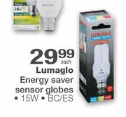 Lumaglo Energy Saver Sensor Globes-15W(BC/ES)Each