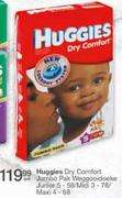 Huggies Dry Comfort Jumbo Pak Weggooideoke Junior 5-58's/Midi 3-78's/Maxi 4-68's Per Pack