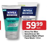 Nivea For Men Sensitive Or Oil Control Multi Effect Face Wash-100ml Each