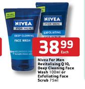 Nivea For Men Revitalising Q10,Deep Cleaning Face Wash-100ml Or Exfoliating Face Scrub-75ml Each