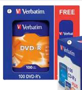 Verbatim 100 Pack DVD-R With Free Sleeves-Per Pack