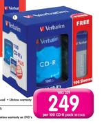 Verbatim 100 Pack CD-R With Free Sleeves-Per 100 CD-R Pack