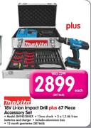 Makita 18V Li-ion Impact Drill Plus 67 Piece Accessory Set-Each