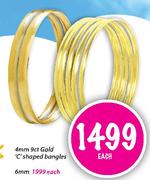 9ct Gold 'C' Shaped Bangles-4mm Each