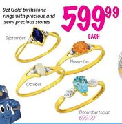9ct Gold Birthstone Rings With Precious & Semi Precious Stones-Each