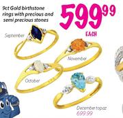 9ct Gold Birthstone Topaz Rings With Precious & Semi Precious Stones-Each