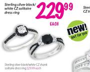 Sterling Silver Black/White CZ Shank Solitaire Dress Ring-Each