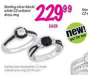 Sterling Silver Black/White CZ Solitaire Dress Ring-Each