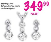 Sterling Silver CZ Pendant On Chain & Earring Set-Per Set