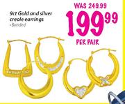 9ct Gold & Silver Creole Earrings-Per Pair  