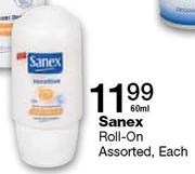 Sanex Roll-On Assorted-60ml Each 