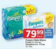 Pampers Baby Wipes Fresh 4 x 64s or Sensitive 3 + 1 Free 4 x 56s-Each